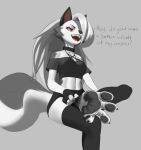  4_toes anthro barefoot claws clothed clothing collar dialogue feet female foot_fetish foot_focus fur hair helluva_boss looking_at_viewer loona_(helluva_boss) pieebo plantigrade red_sclera soles solo text toes white_body white_eyes white_fur white_hair 