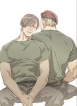  2boys blonde_hair closed_mouth facing_away green_shirt highres jack_krauser leaning_back leaning_on_person leon_s._kennedy manspreading multiple_boys non-web_source red_beret resident_evil shirt tatsumi_(psmhbpiuczn) uniform 