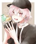  1boy baseball_cap black_headwear black_shirt border brown_background choker dumpling earrings fang food hari_nyan_nyan hat heart highres holding holding_food jewelry looking_at_viewer male_focus multiple_earrings open_mouth paradox_live pink_hair red_eyes rokuta_(paradox_live) shirt short_hair short_sleeves smile solo white_border white_choker 