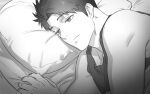  1boy asahi_(norn&#039;s_dine) bara bed blanket closed_mouth greyscale haiki_(tegusu) half-closed_eyes highres lying male_focus monochrome muscular muscular_male norn&#039;s_dine on_bed on_side pillow short_hair solo tank_top 