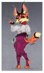  anthro blue_eyes ear_piercing ear_ring felid feline female flight_jacket flight_suit fur heel inner_ear_fluff looking_back lynx mammal miyu_lynx nintendo orange_body orange_fur piercing ring_piercing scottyartz signature solo star_fox tuft 