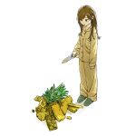  1girl breast_pocket brown_hair buttons collared_shirt food fruit green_eyes green_footwear highres holding holding_knife knife long_hair long_sleeves looking_down original pajamas pants pineapple pocket shirt simple_background slippers solo standing white_background yellow_pajamas yellow_pants yellow_shirt yk_(tnkau) 