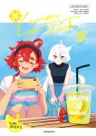  2girls :d absurdres ahoge black_hairband black_shirt blue_skirt blue_sky brown_eyes cellphone character_name closed_eyes cover cover_page cup day disposable_cup drink drinking_straw facing_viewer food fruit gundam gundam_suisei_no_majo hair_between_eyes hairband hands_on_own_legs highres holding holding_phone knees_to_chest leaning_forward lemon lemon_slice lemonade letterboxed long_hair long_skirt looking_at_viewer miorine_rembran multiple_girls open_mouth outdoors phone pleated_skirt red_hair shirt sidelocks sitting skirt sky sleeveless sleeveless_shirt smartphone smile straight_hair striped striped_shirt suletta_mercury table teeth upper_teeth_only watameki_(pixiv_33969409) white_hair 