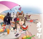  2girls alternate_costume animal_ears animal_on_head beach bikini black_bikini blue_sky blush breasts brown_hair cellphone closed_eyes commentary_request crab crack cup drinking_glass drinking_straw ear_ornament eating eishin_flash_(umamusume) flag flower food fruit hair_between_eyes hair_flower hair_ornament highres holding holding_flag horse_ears innertube kogomiza medium_breasts multiple_girls ocean on_head orange_innertube outdoors parfait phone sand sky smart_falcon_(umamusume) smartphone speech_bubble sweatdrop swimsuit table umamusume water water_gun watermelon 