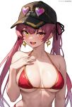  1girl arrow_through_heart bare_shoulders baseball_cap bikini black_headwear black_ribbon bluefield breasts earrings eyewear_on_headwear hair_ribbon halterneck hand_on_own_chest hat heart heart-shaped_eyewear heart_earrings heterochromia highres hololive houshou_marine houshou_marine_(4th_costume) jewelry large_breasts long_hair looking_at_viewer official_alternate_costume open_mouth patreon_username red_bikini red_eyes red_hair ribbon romaji_commentary simple_background smile solo sunglasses swimsuit teeth twintails upper_body upper_teeth_only very_long_hair virtual_youtuber white_background yellow_eyes 