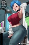  1girl absurdres arm_behind_head arm_support arm_up black_choker blue_hair blush breasts bulma chair choker cleavage closed_eyes dragon_ball dragon_ball_super echo_saber english_text highres huge_breasts lab_coat laboratory large_breasts mature_female nose_blush open_mouth original pants paper red_shirt shirt short_hair sitting solo speech_bubble underwear 