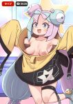  1girl :d armpits boots bow-shaped_hair breasts character_hair_ornament collarbone commentary_request green_hair grey_footwear hair_ornament highres iono_(pokemon) jacket knees lemon_snail livestream long_hair multicolored_hair nipples no_shirt open_mouth pokemon pokemon_(game) pokemon_sv purple_hair sleeves_past_fingers sleeves_past_wrists smile solo star_(symbol) star_print sweat teeth thigh_strap tongue twintails two-tone_hair upper_teeth_only yellow_jacket 