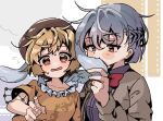  2girls animal_ears blonde_hair blush brown_headwear brown_jacket cabbie_hat dress feathered_wings floppy_ears grey_hair hair_between_eyes hat jacket kishin_sagume long_sleeves multiple_girls open_mouth orange_shirt purple_dress rabbit_ears red_eyes ringo_(touhou) shirt short_hair short_sleeves single_wing touhou warabe_(be-san) white_wings wings 