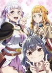  3girls black_capelet black_clover black_clover:_sword_of_the_wizard_king blue_hair blunt_bangs bob_cut capelet closed_mouth dress finger_counting green_eyes grey_hair highres horns jacket long_hair looking_at_viewer low_twintails mimosa_vermillion misopetha-menos multiple_girls noelle_silva open_mouth orange_hair purple_dress purple_eyes red_eyes secre_swallowtail short_hair smile twintails v white_jacket 