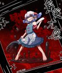  1girl bare_shoulders barefoot blue_dress blue_ribbon commentary curly_hair dress earrings full_body hair_ribbon highres holding holding_spoon horns hoshii_1213 jewelry looking_at_viewer pointy_ears red_eyes red_horns ribbon sharp_teeth short_hair solo spoon standing teeth touhou toutetsu_yuuma white_hair 