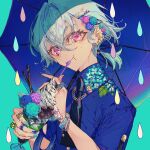  1boy absurdres aqua_background bishounen black_necktie blue_hair blue_shirt blue_umbrella bracelet buttons chocolate chocolate_syrup collared_shirt cup drinking_straw ear_piercing earrings fingernails floral_print food gem hair_between_eyes hair_ornament hair_tie hairclip highres holding holding_cup holding_food holding_spoon holding_umbrella ice_cream ice_cream_spoon jewelry leaf light_blue_hair multicolored_nails mura_karuki nail_polish necktie original piercing pink_eyes rain ring shirt simple_background spoon stud_earrings sundae umbrella water_drop whipped_cream 