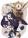  ! :3 animal_ear_fluff animal_ears arknights beads black_hair black_kimono blonde_hair brown_hair cardigan_(arknights) ceobe_(arknights) closed_eyes commentary dog_ears dog_girl dog_tail drawdrawdeimos facial_mark forehead_mark gloves goggles goggles_on_head highres holding holding_polearm holding_weapon jacket japanese_clothes kimono multicolored_hair naginata open_mouth orange_jacket pointing polearm prayer_beads purple_gloves saga_(arknights) streaked_hair tail weapon 