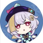  1girl bead_necklace beads blue_headwear coin_hair_ornament genshin_impact ghost_pose hair_ornament hands_up hat hat_tassel jewelry lowres marimo_jh necklace ofuda_on_head open_mouth pink_eyes profile_picture purple_hair qing_guanmao qiqi_(genshin_impact) round_image sidelocks solo vision_(genshin_impact) 