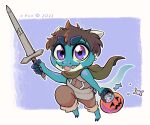  anthro brown_hair candy candy_bucket clothed clothing costume dessert digital_media_(artwork) dragon e-pon food fully_clothed hair halloween holding_object holding_weapon holidays horn longsword looking_at_viewer male melee_weapon open_mouth purple_eyes simple_background smile solo standing sword tail tnarg_mah weapon young 