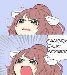  1girl angry_dog_noises artist_request brown_hair doki_doki_literature_club emphasis_lines fang green_eyes highres looking_at_viewer monika_(doki_doki_literature_club) non-web_source open_mouth ponytail solo source_request v-shaped_eyebrows 