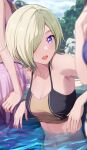  3girls :o asaka_karin bikini blonde_hair blurry breasts cleavage cloud collarbone day depth_of_field hair_over_one_eye konoe_kanata looking_at_viewer love_live! love_live!_nijigasaki_high_school_idol_club mia_taylor multiple_girls navel outdoors partially_submerged pool purple_eyes shamakho short_hair sky small_breasts solo_focus stomach swimsuit tankini water 