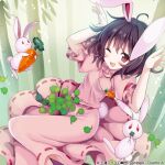  album_cover animal_ears arms_up bamboo bamboo_forest black_hair carrot carrot_necklace check_commentary clover commentary commentary_request cover dress floppy_ears forest four-leaf_clover frilled_sleeves frills givuchoko inaba_tewi jewelry long_dress nature necklace official_art one_eye_closed open_mouth paw_pose pink_dress puffy_short_sleeves puffy_sleeves rabbit rabbit_ears rabbit_girl rabbit_tail red_eyes ribbon-trimmed_dress short_hair short_sleeves smile tail touhou touhou_cannonball wavy_hair 