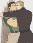  2boys against_wall albert_wesker bara belt black_belt black_gloves black_hair black_pants black_shirt blonde_hair chris_redfield clenched_teeth closed_mouth couple facial_hair fingerless_gloves gloves green_shirt grey_pants highres large_pectorals looking_at_another male_focus multiple_boys muscular muscular_male pants pectorals resident_evil resident_evil_5 shirt short_hair smile teeth yaoi you_mama_n 