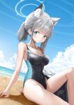  1girl animal_ear_fluff animal_ears beach black_one-piece_swimsuit blue_archive blue_eyes blue_sky breasts cloud competition_swimsuit covered_navel cowboy_shot cross_hair_ornament day extra_ears grey_hair hair_ornament halo highres horizon low_ponytail medium_breasts medium_hair mg42cat-k1ng mismatched_pupils multicolored_clothes multicolored_swimsuit ocean official_alternate_costume one-piece_swimsuit outdoors shiroko_(blue_archive) shiroko_(swimsuit)_(blue_archive) sitting sky solo swimsuit wolf_ears 