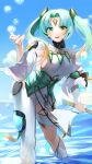  1girl :d absurdres asymmetrical_clothes blue_sky breasts bubble cowboy_shot fire_emblem fire_emblem_heroes forehead_jewel gradient_clothes gradient_hair green_hair hair_ornament heidr_(fire_emblem) heterochromia highres holding holding_staff ikura_(downdexp) long_hair looking_at_viewer multicolored_hair orange_hair partially_submerged pelvic_curtain single_pantsleg sky smile solo staff thigh_strap thighs twintails water yellow_eyes 