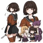  1boy 2girls ahoge akamatsu_kaede alternate_hair_length alternate_hairstyle backpack bag black_sailor_collar black_skirt blunt_bangs brown_hair closed_mouth collarbone criis-chan cropped_legs crossed_arms danganronpa_(series) danganronpa_v3:_killing_harmony facial_hair from_side goatee hair_ornament hairclip harukawa_maki holding holding_knife jacket knife long_hair miniskirt mole mole_under_eye momota_kaito multiple_girls musical_note musical_note_hair_ornament open_clothes open_jacket open_mouth open_shirt pants pink_jacket pink_pants pleated_skirt print_shirt purple_hair randoseru red_eyes red_shirt red_thighhighs sailor_collar shirt short_hair simple_background skirt smile thighhighs thumbs_up twitter_username white_background white_bag white_shirt 