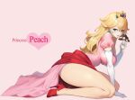  1girl arm_support blonde_hair blue_eyes bobobong breasts character_name commentary crown dress earrings elbow_gloves eyelashes from_side full_body gloves heart high_heels holding impossible_clothes impossible_dress jewelry kneeling large_breasts legs lips long_hair looking_at_viewer mario_(series) mushroom pink_background pink_dress princess_peach puffy_short_sleeves puffy_sleeves red_footwear shoes short_sleeves simple_background smile solo suggestive_fluid thighs white_gloves 
