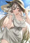  1girl absurdres animal_ears blush breasts brown_eyes brown_hair brown_headwear cleavage collarbone cowboy_shot day dress hair_between_eyes hat highres horse_ears horse_girl large_breasts long_hair open_mouth outdoors satono_diamond_(umamusume) solo straw_hat twitter_username umamusume white_dress yamano_rokamizu 