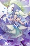  1girl aurorus bare_arms blue_eyes closed_mouth commentary_request crossover dress gloves green_hair hair_ornament hatsune_miku highres holding long_hair pokemon pokemon_(creature) sleeveless smile sumeragi1101 twintails twitter_username vocaloid white_background white_gloves 
