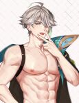  1boy abs alhaitham_(genshin_impact) aqua_eyes cape genshin_impact grey_hair hair_between_eyes hair_over_one_eye highres jacket male_focus muscular muscular_male nipples rourouki saliva short_hair solo tongue tongue_out v 