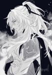  1boy black_background crossed_arms facing_to_the_side greyscale half_updo highres honkai:_star_rail honkai_(series) jing_yuan long_hair long_sleeves looking_at_viewer male_focus merry_(secilhodoshima) mole mole_under_eye monochrome ponytail solo twitter_username white_eyes white_hair 