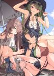  4girls :q absurdres ahoge armpits azur_lane bare_shoulders beach_umbrella bikini black_bikini black_hair blue_eyes blue_sky blush bottle bow breasts cleavage crown day eyewear_on_head facial_mark flower forehead_mark green_hair grey_eyes grey_hair hair_between_eyes hair_bow hair_flower hair_ornament heterochromia highres holding holding_bottle impero_(azur_lane) jewelry large_breasts littorio_(azur_lane) littorio_(the_glory_of_naples)_(azur_lane) long_hair looking_at_viewer lying monokini multicolored_hair multiple_girls navel official_alternate_costume on_side outdoors red_eyes red_hair roma_(azur_lane) sky smile soda_bottle streaked_hair sunebu_(snake_boo2) sunglasses swimsuit tongue tongue_out umbrella very_long_hair vittorio_veneto_(azur_lane) vittorio_veneto_(the_flower_of_la_spezia)_(azur_lane) yellow_eyes 