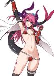  1girl armor bikini_armor black_gloves black_thighhighs blue_eyes blush breasts cape curled_horns detached_collar dragon_horns dragon_tail elbow_gloves elizabeth_bathory_(brave)_(fate) elizabeth_bathory_(fate) fate/grand_order fate_(series) gauntlets gloves hairband highres horns long_hair looking_at_viewer navel open_mouth pauldrons pink_hair pointy_ears red_armor shoulder_armor small_breasts smile solo sword tail takanashi_kei_(hitsujikan) thighhighs weapon white_cape 