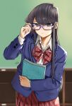  1girl adjusting_eyewear bangs bespectacled black_eyes black_hair blazer blue_jacket blurry blurry_background book bow bowtie buttons closed_mouth collared_shirt diagonal-striped_bowtie diagonal-striped_skirt empty_eyes expressionless glasses hair_over_shoulder hand_up highres holding holding_book indoors jacket komi-san_wa_komyushou_desu komi_shouko lapels long_hair long_sleeves looking_at_viewer mitsugu notched_lapels open_collar pleated_skirt purple-framed_eyewear red_bow red_bowtie red_skirt school_uniform shirt signature single_stripe skirt solo tsurime upper_body white_shirt 