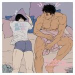  2boys artist_name ass bara bed black_hair couple covering covering_crotch grey_male_underwear instagram_username kashikahaya large_pectorals lying male_focus male_underwear multiple_boys muscular muscular_male nipples on_bed on_stomach original pectorals scar scar_on_cheek scar_on_face shirt short_hair twitter_username underwear white_shirt yaoi 