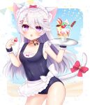  1girl :o animal_ear_fluff animal_ears apron beach bell black_one-piece_swimsuit blue_sky blush bow breasts cat_ears cat_girl cloud collarbone commentary_request food frilled_apron frills fruit grey_hair hair_between_eyes hair_ornament hairclip highres holding holding_food holding_tray jingle_bell looking_at_viewer one-piece_swimsuit open_mouth original parfait pennant purple_eyes red_bow school_swimsuit shikito sky small_breasts solo star_(symbol) strawberry string_of_flags swimsuit tail tail_bell tail_bow tail_ornament tray waist_apron water white_apron wrist_cuffs 