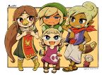  1boy 4girls absurdres aryll bandana blonde_hair blue_eyes blush_stickers brown_hair dress embarrassed frown funayama_yasuaki green_headwear grin hat highres holding_telescope link link&#039;s_grandma long_hair medli multiple_girls no_nose pink_dress pointy_ears purple_shirt red_bandana red_eyes sandals shirt skull_print smile sword tan telescope tetra the_legend_of_zelda the_legend_of_zelda:_the_wind_waker toon_link weapon 