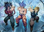  3boys absurdres aged_up bandana bardock blue_footwear brown_footwear chiro_illust commentary commentary_request dougi dragon_ball family father_and_son highres kamehameha_(dragon_ball) multiple_boys muscular muscular_male open_mouth parent_and_child red_fur red_tail son_gohan son_gohan_(future) son_goku spiked_hair super_saiyan super_saiyan_4 tail torn torn_clothes ultra_instinct 