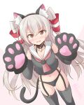  1girl alternate_costume amatsukaze_(kancolle) animal_ears animal_hands black_panties brown_eyes cat_ears cat_tail cowboy_shot crop_top elbow_gloves embarrassed garter_straps gloves grey_gloves grey_thighhighs hair_tubes highres kantai_collection long_hair looking_at_viewer neckerchief one-hour_drawing_challenge panties paw_gloves red_neckerchief sailor_collar shirt shizuna_kaede simple_background sleeveless sleeveless_shirt solo tail thighhighs two_side_up underwear white_background white_hair white_sailor_collar 