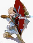  1boy akihare arrow_(projectile) artist_name blonde_hair blue_cape blue_headwear blue_shirt blue_tunic boots bow_(weapon) brown_footwear brown_gloves brown_pants cape closed_mouth commentary covered_mouth drawing_bow earrings english_commentary feet_out_of_frame fingerless_gloves gloves hat highres holding holding_bow_(weapon) holding_weapon jewelry knee_boots link looking_at_viewer male_focus master_sword outstretched_arm pants pointy_ears quiver red_background red_shirt royal_guard_set_(zelda) running shirt simple_background solo split_theme standing standing_on_one_leg sword sword_on_back tabard the_legend_of_zelda tunic weapon weapon_on_back white_background white_gloves 