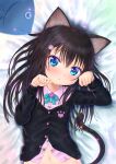  1girl :&lt; :3 animal_ears aqua_bow bed_sheet bell black_cardigan blue_eyes blush bow breasts brown_hair buttons cardigan cat_brooch cat_ears cat_girl cat_tail closed_mouth clover crossed_bangs dot_nose fish furrowed_brow hair_between_eyes heart_button highres initial jingle_bell light_particles long_sleeves looking_at_viewer messy_hair midriff navel on_bed original paw_hair_ornament paw_pose paw_print petite pink_shirt ruju_ametoneco shadow shamrock shamrock_button shirt sidelocks small_breasts solo straight_hair tail tears upper_body 