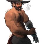  1boy artist_name bara beard black_hair black_pants cassidy_(overwatch) chest_hair chris_sdd cigar cowboy_hat facial_hair hat highres large_pectorals male_focus mechanical_arms muscular muscular_male navel_hair nipples overwatch overwatch_1 pants pectorals short_hair simple_background single_mechanical_arm smoking solo white_background 