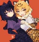  2girls animal_ear_fluff animal_ears black_bow black_bowtie black_hair black_jaguar_(kemono_friends) blonde_hair blue_eyes bow bowtie center_frills elbow_gloves frills fur_collar gloves hatagaya high-waist_skirt jaguar_(kemono_friends) jaguar_ears jaguar_girl jaguar_print jaguar_tail kemono_friends multicolored_hair multiple_girls open_mouth pleated_skirt print_gloves print_skirt purple_shirt revision shirt short_hair short_sleeves simple_background skirt tail white_shirt yellow_eyes 