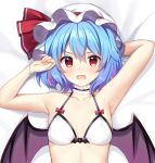  1girl bare_arms bare_shoulders bat_wings bikini black_wings blue_hair blush collarbone fang fingernails hair_between_eyes hat hat_ribbon looking_at_viewer mob_cap open_mouth red_eyes red_ribbon remilia_scarlet ribbon ruhika short_hair solo swimsuit touhou upper_body white_bikini white_headwear wings 