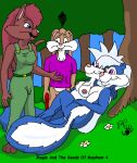  anthro aroma_skunk blue_body blue_fur bottomless breasts butt clothed clothed/nude clothed_female_nude_female clothing domestic_cat embrace felid feline felis female forest fragrance_skunk fur green_clothing group hug kthanid_(artist) lagomorph leporid male mammal mephitid nipples nude overalls plant purple_eyes rabbit randy_rabbit rutwell_forest serenakty shrub sibling_(lore) sister_(lore) sisters_(lore) skunk toony tree 