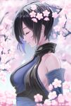  1girl akito1218 backless_kimono bare_shoulders black_hair blue_gloves blue_kimono breasts cherry_blossoms closed_eyes closed_mouth elbow_gloves gloves highres japanese_clothes kimono large_breasts petals samurai_spirits shiki_(samurai_spirits) short_hair solo upper_body 