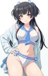  1girl bare_shoulders black_hair blue_coat blue_necktie coat cowboy_shot idolmaster idolmaster_shiny_colors long_sleeves looking_at_viewer mayuzumi_fuyuko midriff necktie open_clothes panties sailor_collar sailor_swimsuit_(idolmaster) solo underwear urabi_(tomatohouse) white_background white_panties 