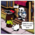  1boy 1other 9twoeight annoying_dog black_pants blue_hoodie brown_hair dog english_text frisk_(undertale) green_sweater hood hoodie long_sleeves looking_at_another outdoors pants sans short_hair skeleton speech_bubble standing sweater undertale 