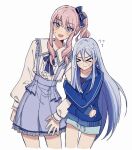  &gt;_&lt; 1girl 1other akiyama_mizuki arm_grab blue_hair blue_ribbon blush bow closed_eyes closed_mouth collared_shirt commentary hair_bow highres jacket long_hair long_sleeves mzk8827 neck_ribbon open_mouth pink_eyes pink_hair ponytail project_sekai ribbon shirt shorts sidelocks track_jacket very_long_hair white_background yoisaki_kanade 