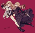  2girls :d black_choker black_dress black_footwear black_pantyhose black_shorts blonde_hair blue_eyes boots choker collarbone crossover dress eyepatch floating_hair full_body grin gun hair_between_eyes handgun highres higyaku_no_noel holding holding_gun holding_weapon jacket long_dress long_hair long_sleeves multiple_girls nanoko noel_cerquetti open_clothes open_jacket pantyhose rachel_gardner red_background red_eyes satsuriku_no_tenshi shirt short_shorts shorts shrug_(clothing) simple_background smile striped striped_shirt twitter_username weapon white_jacket 