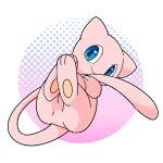  3_fingers 3_toes absurd_res ambiguous_gender blue_eyes chaba feet feral fingers floating generation_1_pokemon hi_res hugging_own_tail legendary_pokemon looking_at_viewer mew_(pokemon) monotone_body nintendo pink_background pokemon pokemon_(species) simple_background solo toes white_background 